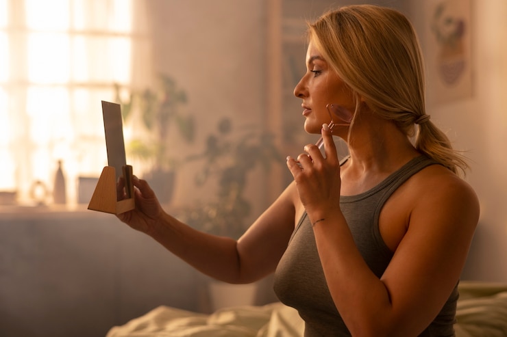 Foto gratuito mujer de tiro medio haciendo cuidado de la piel en casa