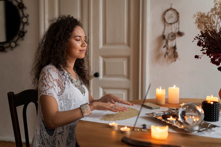 Mujer de tiro medio leyendo tarot en casa