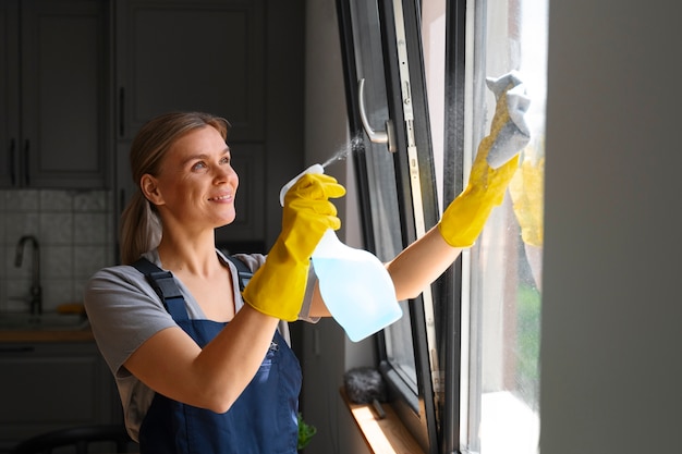 Foto gratuita mujer de tiro medio limpiando casa