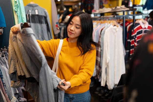 Mujer de tiro medio mirando ropa en una tienda de segunda mano