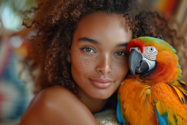 Mujer de tiro medio posando con un loro