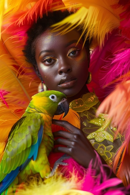 Mujer de tiro medio posando con un loro