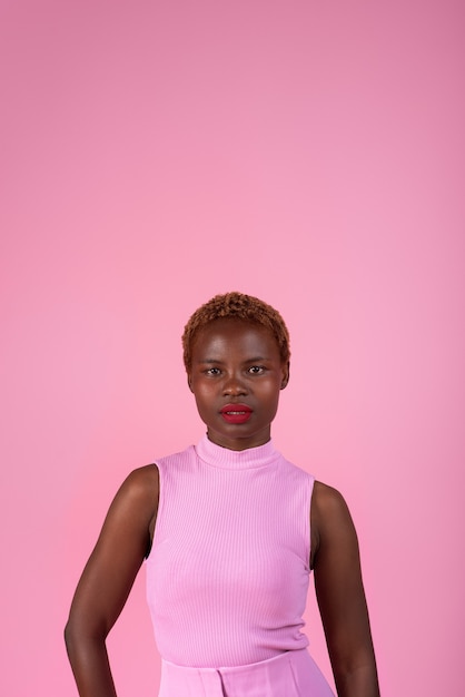 Mujer de tiro medio posando con traje rosa