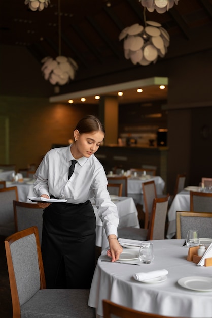 Mujer de tiro medio que trabaja en un restaurante de lujo.