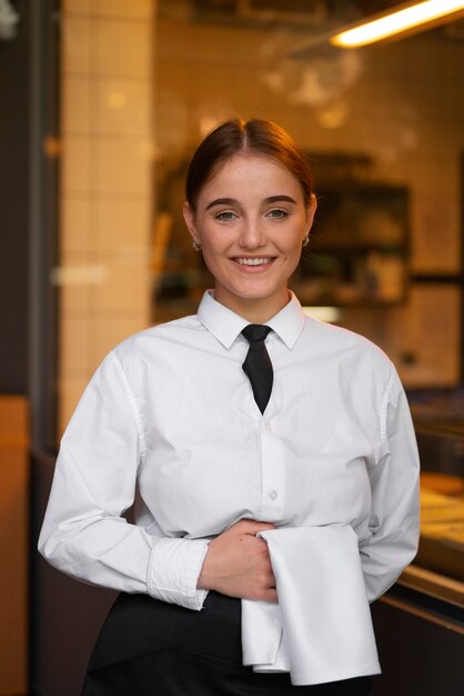 Mujer de tiro medio que trabaja en un restaurante de lujo.