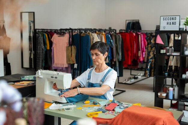 Mujer de tiro medio reparando artículos de moda.