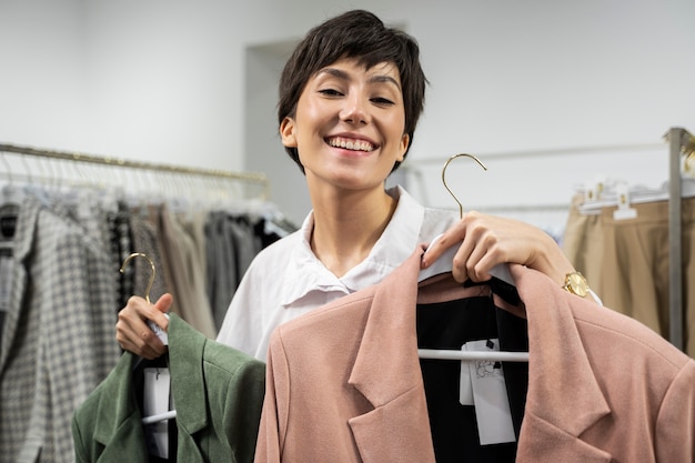 Mujer de tiro medio sosteniendo chaquetas