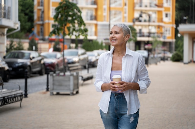 Foto gratuita mujer de tiro medio sosteniendo la taza de café