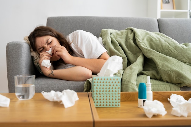 Mujer de tiro medio con spray nasal