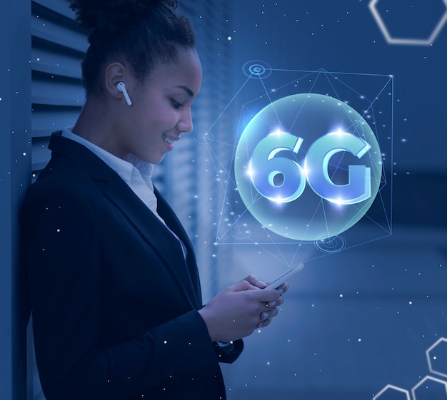 Foto gratuita mujer de tiro medio con tecnología 6g.