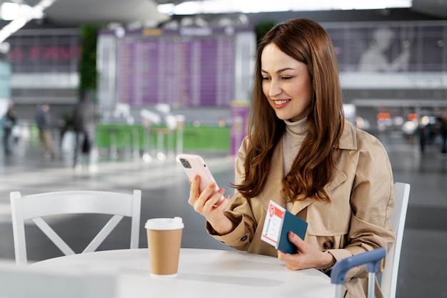 Mujer de tiro medio con teléfono inteligente