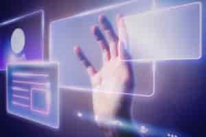 Foto gratuita mujer tocando una interfaz holográfica de tecnología inteligente