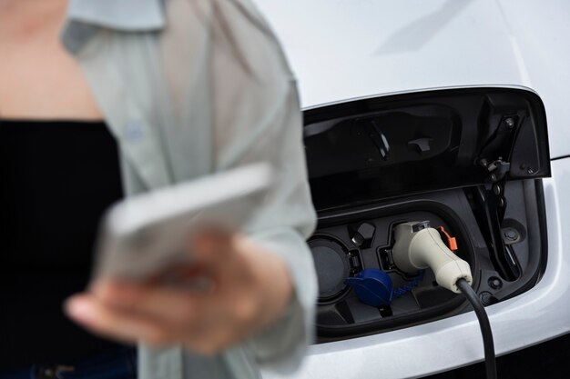 Mujer tomando un descanso para tomar café mientras su auto eléctrico se carga y usa un teléfono inteligente