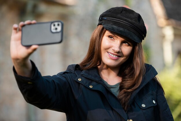 Mujer tomando un selfie mientras viaja