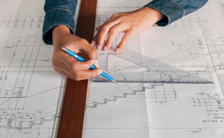Foto gratuito mujer trabajando con triángulo geométrico y pluma.