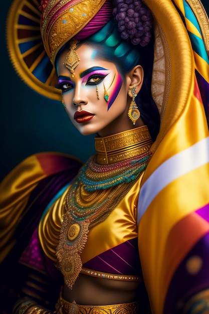 Foto gratuita una mujer con un traje colorido y la palabra amor en su rostro.