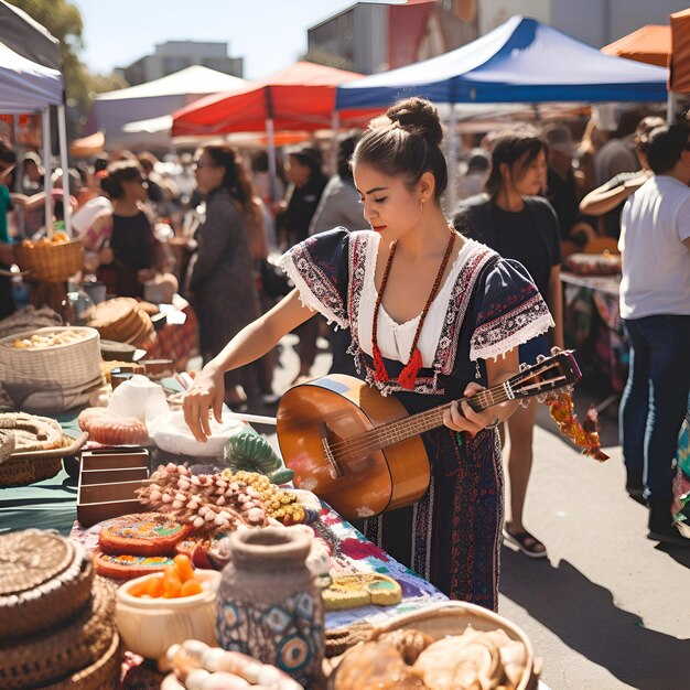 Mujer ucraniana con ropa tradicional tocando la guitarra en el mercado de pulgas