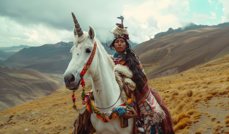 Foto gratuito mujer con un unicornio fantástico