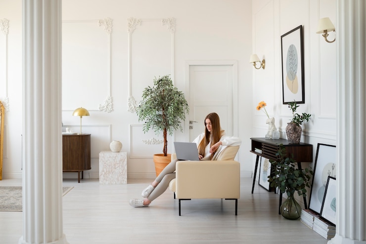 Foto gratuito mujer usando una computadora portátil en una habitación decorada mínimamente