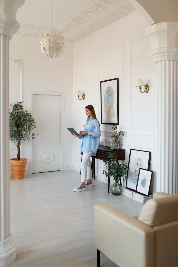 Foto gratuito mujer usando laptop en una habitación mínimamente decorada