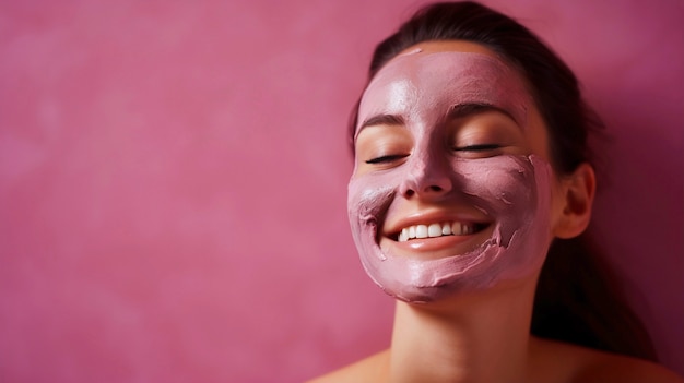 Mujer usando un producto cosmético de tono rosa en su cara