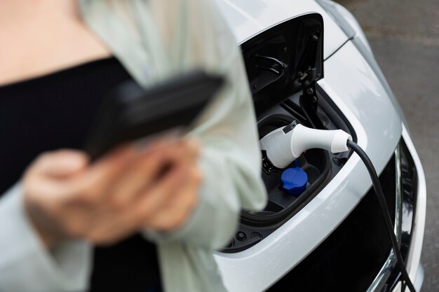 Mujer usando su teléfono inteligente mientras se carga el auto eléctrico