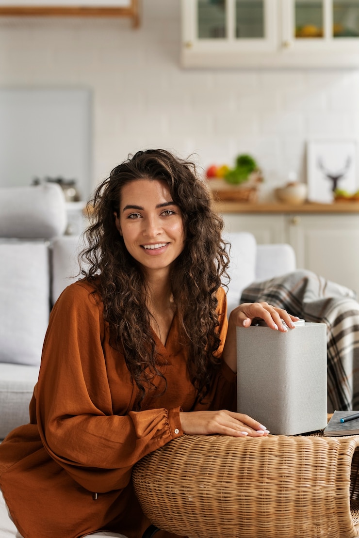 Foto gratuito mujer usando tiro medio de altavoz inteligente