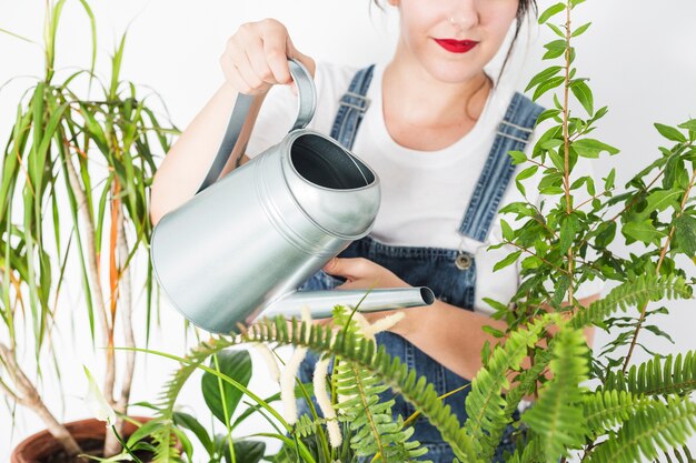 Mujer vertiendo agua en plantas con regadera