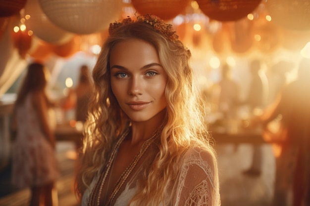 Foto gratuita mujer en un vestido en un retrato de fiesta boho con luz solar natural de fondo