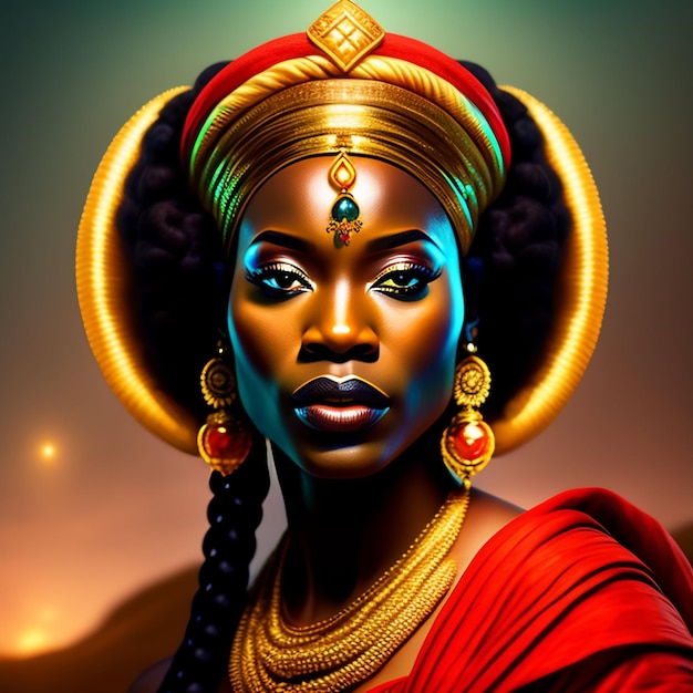 Una mujer con un vestido rojo y joyas de oro en la cabeza.