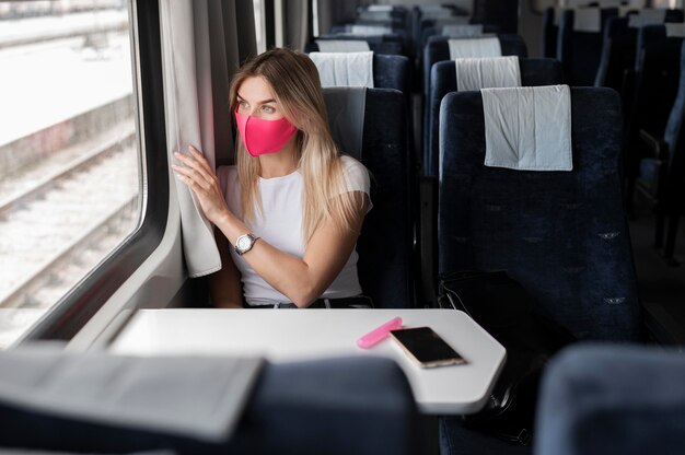 Mujer viajando en tren con máscara médica para protección