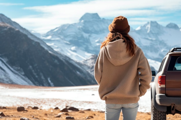 Foto gratuita mujer viajera junto a su coche observando las montañas nevadas