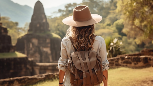 Foto gratuita una mujer viajera con un sombrero y una mochila