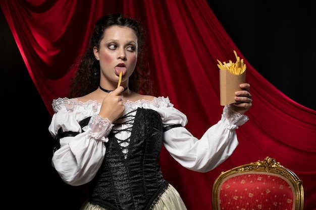 Foto gratuita mujer victoriana comiendo papas fritas vista frontal