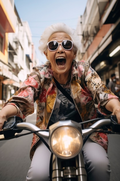 Foto gratuita mujer vieja divertida en motocicleta