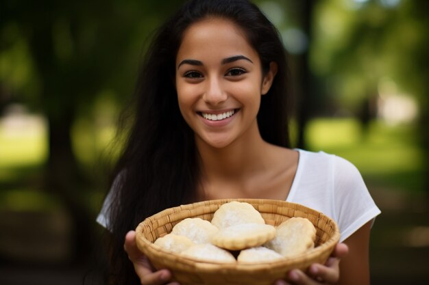 Mujer de vista frontal con deliciosas galletas