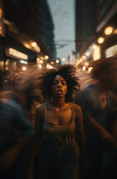 Mujer de vista frontal que siente ansiedad en una multitud