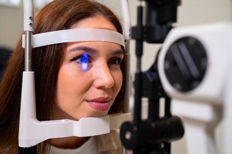 Foto gratuito mujer de vista lateral haciéndose revisar los ojos