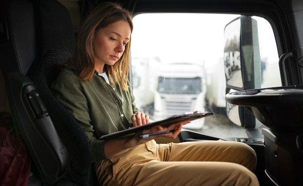 Mujer de vista lateral que trabaja como conductor