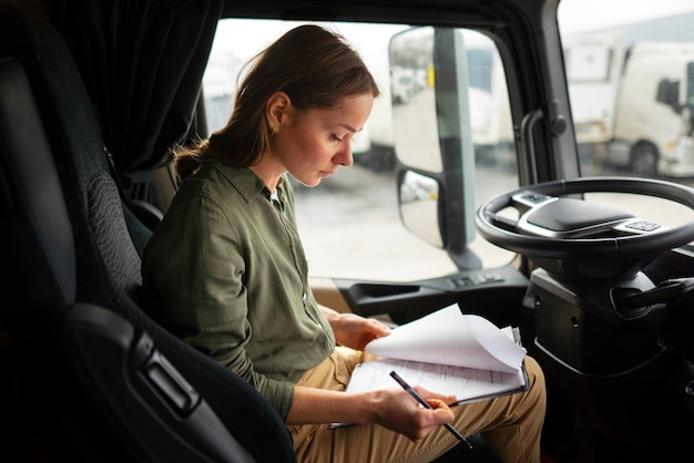 Mujer de vista lateral que trabaja como conductor