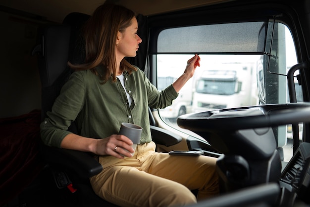 Mujer de vista lateral que trabaja como conductor