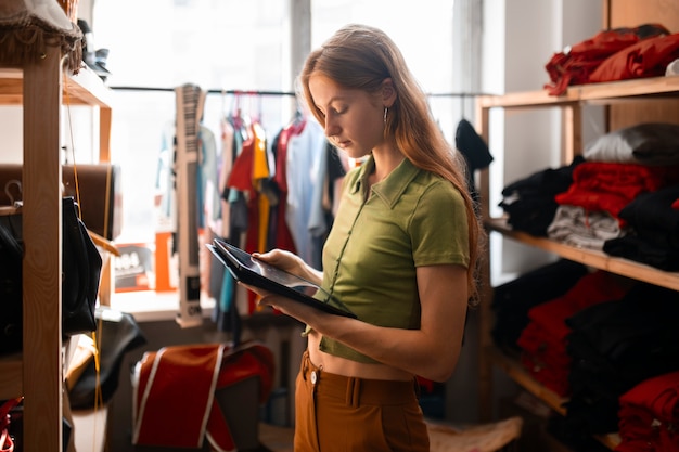 Foto gratuita mujer en la vista lateral de la tienda de segunda mano