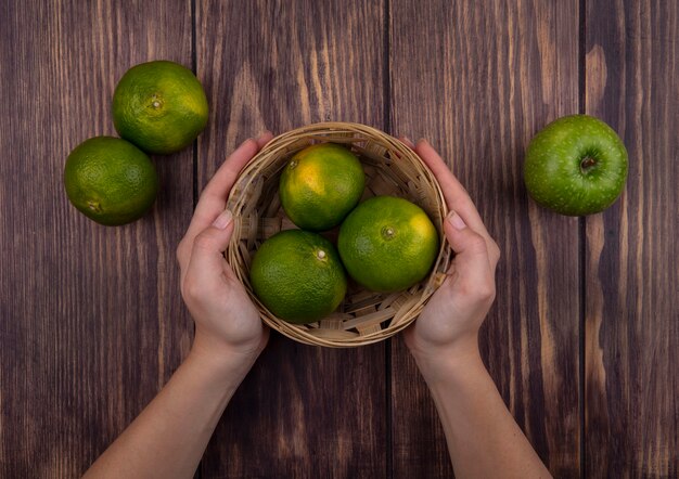 Mujer de la vista superior que sostiene la cesta con mandarinas verdes y manzana en la pared de madera