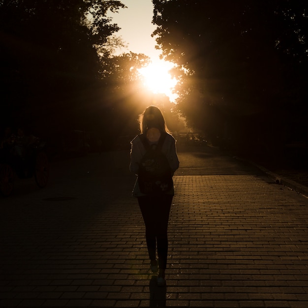Mujer de vista trasera en puesta de sol