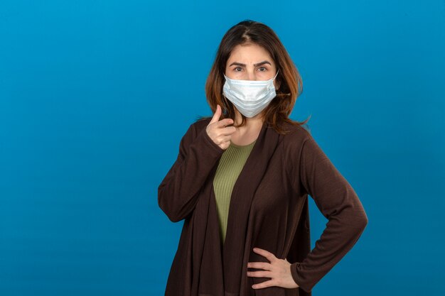 Mujer vistiendo chaqueta marrón en máscara protectora médica apuntando a la cámara con cara seria sobre pared azul aislado