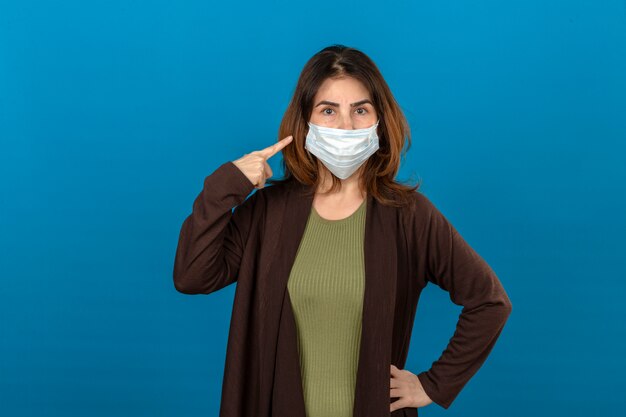 Mujer vistiendo chaqueta marrón en máscara protectora médica apuntando a la máscara con cara seria de pie sobre la pared azul aislada