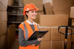 Foto gratuita mujer vistiendo un gorro de seguridad en el trabajo