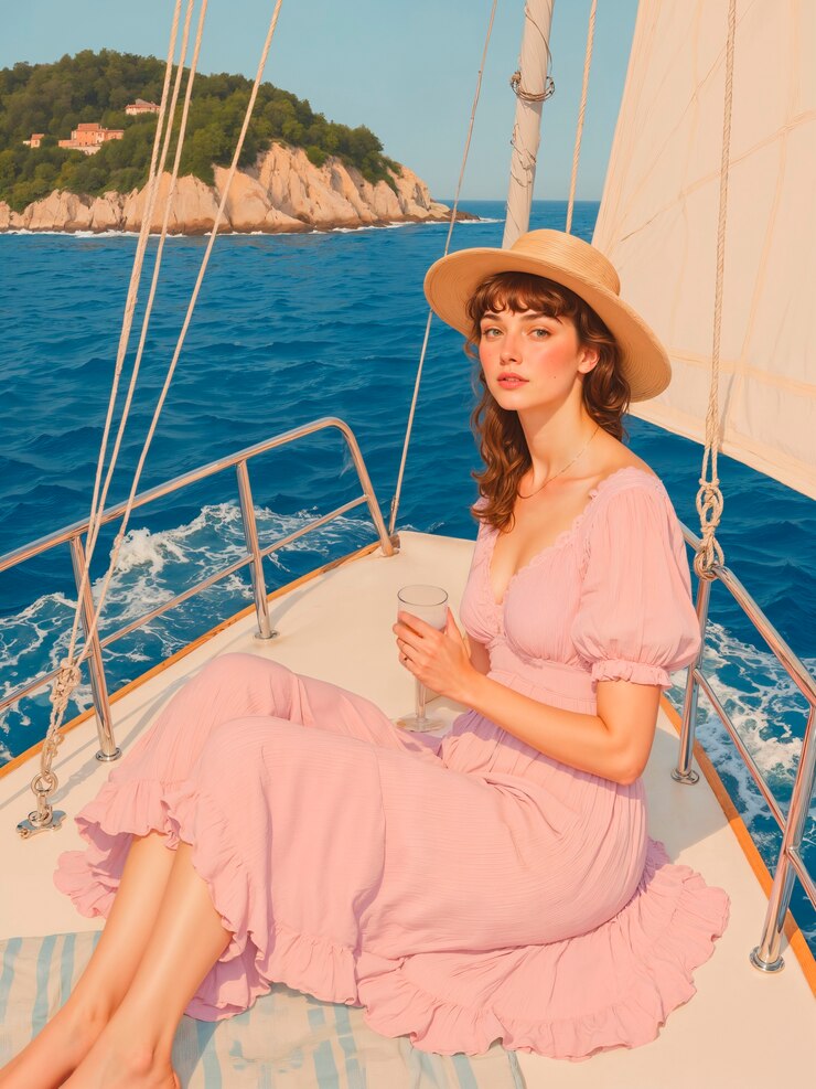 Mujer en un yate disfrutando del verano