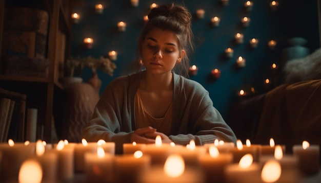 Mujeres adultas jóvenes meditando a la luz de las velas en interiores generadas por IA