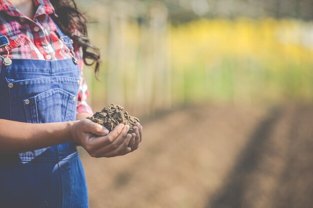 Las mujeres agricultoras están investigando el suelo.